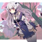  1girl :t alternate_hairstyle bangs blush commentary cowboy_shot dress eine_(eine_dx) eyebrows_visible_through_hair fire_emblem fire_emblem:_three_houses grey_legwear highres juliet_sleeves long_hair long_sleeves looking_at_viewer lysithea_von_ordelia pantyhose puffy_sleeves purple_dress purple_eyes short_dress silver_hair solo standing tree twintails 