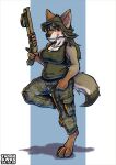  2018 4_toes 5_fingers anthro arm_markings awkward_awd barefoot black_nose bottomwear breasts brown_body brown_fur brown_hair camo camo_bottomwear camo_clothing camo_pants camo_print canid canine canis cargo_pants claws clothed clothing coyote digital_media_(artwork) digitigrade feet female fingers flame_markings foot_markings fur green_bottomwear green_clothing green_pants green_shirt green_tank_top green_topwear gun hair hi_res hindpaw holding_gun holding_object holding_shotgun holding_weapon humanoid_hands kateri leg_markings long_hair looking_at_viewer mammal markings on_one_leg pants pattern_bottomwear pattern_clothing pattern_pants paws pinup pose ranged_weapon shirt shotgun signature smile smirk solo standing tank_top toe_claws toes topwear weapon 