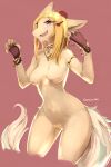  2021 5_fingers anthro blonde_hair breasts canid canine cute_fangs digital_media_(artwork) featureless_breasts featureless_crotch female fingers hair hi_res kameloh mammal nude red_eyes smile solo 