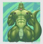  abs anthro big_pecs dinosaur genitals green_body green_penis hi_res hunnipanda kneeling looking_at_viewer male muscular muscular_anthro muscular_male muscular_thighs nipples nude pec_grasp pecs penis reptile scalie solo tongue tongue_out 