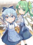  2girls alternate_costume bakery blue_bow blue_eyes blue_hair blush bow bread cirno closed_mouth commentary_request commission daiyousei eyebrows_visible_through_hair fairy_wings feet_out_of_frame food green_eyes green_hair grin hair_bow holding indoors kobeya kobeya_uniform looking_at_viewer looking_back multiple_girls one_side_up plaid shop short_hair skeb_commission smile toto_nemigi touhou wings 