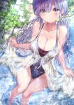  1girl black_swimsuit breasts cleavage commentary_request cowboy_shot dress from_above green_eyes highleg highleg_swimsuit highres long_hair low_twintails medium_breasts ogata_tei original plant purple_hair skirt_hold soaking_feet solo standing swimsuit swimsuit_under_clothes twintails vines water wet wet_clothes white_dress 
