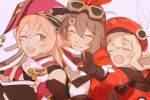  3girls amber_(genshin_impact) bangs blonde_hair book breasts brown_hair carm_(ruoyeahs) cleavage cleavage_cutout closed_eyes clothing_cutout genshin_impact goggles goggles_on_head green_eyes hat holding holding_another holding_book horns hug hug_from_behind klee_(genshin_impact) long_hair long_sleeves looking_at_another multiple_girls one_eye_closed open_mouth outstretched_arms pink_hair pointy_ears signature smile yanfei_(genshin_impact) 