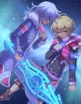  2boys alvis_(xenoblade) blonde_hair enni fur_trim holding holding_sword holding_weapon long_sleeves monado_iii multiple_boys shulk_(xenoblade) silver_hair sky space star_(sky) starry_sky sword weapon xenoblade_chronicles xenoblade_chronicles_(series) 