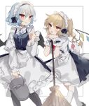  2girls alternate_costume apron arm_support bangs bat_wings black_legwear blonde_hair blue_bow blue_dress blue_hair blue_neckwear blue_ribbon blush border bow broom bucket bucket_of_water buttons collared_shirt dress dress_shirt dustcloth enmaided eyebrows_visible_through_hair flandre_scarlet hair_between_eyes hand_up head_rest highres holding holding_bucket juliet_sleeves kneehighs long_sleeves looking_at_another looking_at_viewer maid maid_apron maid_headdress multiple_girls neck_ribbon one_side_up open_mouth parted_lips planted puffy_short_sleeves puffy_sleeves red_eyes red_neckwear red_ribbon remilia_scarlet ribbon shirt short_hair short_sleeves siblings sisters sorani_(kaeru0768) touhou water white_background white_legwear white_shirt wing_collar wings wrist_cuffs 