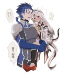  1boy 1girl altera_(fate) armor blue_hair bodysuit carrying clogs cu_chulainn_(fate/extra) dark_skin dark_skinned_female earrings fate/extella fate/extella_link fate/extra fate_(series) jewelry long_hair namahamu_(hmhm_81) pauldrons ponytail red_eyes shoulder_armor size_difference veil white_hair 