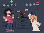  &gt;_&lt; 2girls adpx arrow_(symbol) bandana black_cat blush cat closed_eyes coat denim friday_night_funkin&#039; hair_behind_ear holding holding_microphone hood hoodie jeans labcoat microphone multiple_girls necktie nichijou open_mouth pants parody professor_shinonome red_bandana red_hoodie red_neckwear sakamoto_(nichijou) shinonome_nano shoes smile sneakers user_interface v-shaped_eyebrows white_coat 