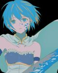  1girl blood blood_on_face bloody_weapon blue_blood blue_eyes blue_gloves blue_hair cape eyebrows_visible_through_hair flat_color floating_cape floating_hair gloves goyang_v hair_between_eyes highres looking_away mahou_shoujo_madoka_magica miki_sayaka short_hair sleeveless sword weapon 