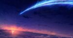  absurdres cloud comet commentary_request evening highres horizon kimi_no_na_wa. lake landscape meteor mountain mountainous_horizon night night_sky no_humans reflection scenery signature sky skyrick9413 star_(sky) sun sunset 