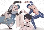  +_+ 3boys alternate_hair_length alternate_hairstyle black_hair blue_eyes blue_hair bodysuit capelet chest_tattoo crescent_necklace cu_chulainn_(caster)_(fate) cu_chulainn_(fate)_(all) cu_chulainn_(fate/stay_night) fate/grand_order fate_(series) fujimaru_ritsuka_(male) fur-trimmed_capelet fur_trim fusion_dance igote jitome long_hair long_skirt male_focus multiple_boys namahamu_(hmhm_81) red_eyes skirt star-shaped_pupils star_(symbol) symbol-shaped_pupils tattoo 