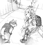  1girl :d animal backpack bag blush bosako_(haguhagu) clothed_animal dog goggles greyscale haguhagu_(rinjuu_circus) highres horns leggings long_hair monochrome open_mouth original outdoors shirt shoes short_sleeves smile sweater_vest very_long_hair vest 