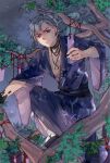  character_request chinese_commentary closed_mouth forever_7th_capital highres in_tree japanese_clothes jewelry kimono ljayu looking_at_viewer necklace paper purple_eyes sandals short_hair sitting sitting_in_tree tree white_hair 