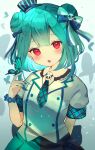  1girl :o animal_on_hand bangs black_headwear black_skirt blue_bow blue_nails blue_neckwear blue_scrunchie blush bow bug butterfly chikuwa_(tikuwaumai_) collared_shirt double_bun eyebrows_visible_through_hair fang green_hair green_skirt hair_bow hair_ornament hand_up hat highres hololive insect looking_at_viewer mini_hat nail_polish necktie parted_lips plaid_neckwear red_eyes scrunchie shirt short_necktie skirt skull_hair_ornament solo tilted_headwear uruha_rushia virtual_youtuber white_shirt wrist_scrunchie 