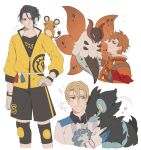  3boys animal_on_shoulder armband black_hair blonde_hair crossover dedenne dimitri_alexandre_blaiddyd felix_hugo_fraldarius fire_emblem fire_emblem:_three_houses gen_4_pokemon gen_5_pokemon gen_6_pokemon jacket luxray multiple_boys pokemon pokemon_(creature) pokemon_(game) pokemon_go red_hair sylvain_jose_gautier volcarona wristband yellow_jacket younger 