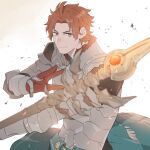  1boy armor bangs blurry brown_eyes depth_of_field fire_emblem fire_emblem:_three_houses fur_collar gauntlets lance_of_ruin male_focus namahamu_(hmhm_81) older parted_bangs polearm solo spear sylvain_jose_gautier upper_body weapon 