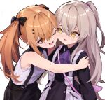  2girls ;d bangs bare_arms bare_shoulders black_bow black_dress black_shorts bow brown_eyes brown_hair collared_dress commentary_request dress eyebrows_visible_through_hair girls_frontline hair_between_eyes hair_bow hair_ornament hair_over_one_eye hairclip hug long_hair long_sleeves mari0ball multiple_girls one_eye_closed open_mouth ponytail puffy_long_sleeves puffy_sleeves scar scar_across_eye shirt shorts simple_background sleeveless sleeveless_shirt smile suspender_shorts suspenders ump45_(girls_frontline) ump9_(girls_frontline) upper_body very_long_hair white_background white_shirt younger 