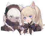  2girls :d animal_ears bad_id bad_twitter_id belt black_bow black_neckwear blonde_hair blush bow bowtie closed_mouth cropped_torso dark_skin dark_skinned_female final_fantasy final_fantasy_xiv hairband interlocked_fingers long_hair looking_at_viewer miqo&#039;te multiple_girls open_mouth ponytail purple_eyes rosette_(yankaixuan) simple_background smile whisker_markings white_background white_hair 