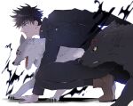  1boy black_eyes black_hair black_jacket fushiguro_megumi gyokuken hair_between_eyes high_collar jacket jujutsu_kaisen male_focus namahamu_(hmhm_81) short_hair smoke spiked_hair squatting wolf yellow_eyes 