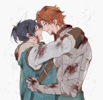  armor arms_around_neck arms_around_waist black_hair blood blood_on_face bloody_clothes closed_eyes felix_hugo_fraldarius fire_emblem fire_emblem:_three_houses fur-trimmed_gloves fur_collar fur_trim gloves hug injury namahamu_(hmhm_81) orange_hair ponytail red_hair short_ponytail smile sylvain_jose_gautier 