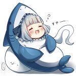  ... 1girl :3 :d animal_costume bangs blunt_bangs closed_eyes full_body ghost grey_hair highres konpaku_youmu konpaku_youmu_(ghost) open_mouth pegashi shark_costume short_hair simple_background smile solo sweatdrop touhou white_background 