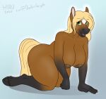  anthro big_breasts blonde_hair blonde_tail breasts brown_body brown_nipples equid equine female green_eyes hair hi_res hirurux hooves horse kneeling looking_at_viewer mammal nipples solo 