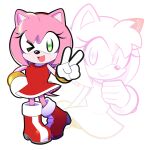  &gt;_o 1girl :d amy_rose animal_ears artsy-rc boots dress furry gloves hand_up highres looking_at_viewer medium_hair multiple_views one_eye_closed open_mouth pink_hair red_dress red_footwear signature smile sonic_(series) symbol_commentary v white_gloves 