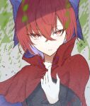  1girl bangs blue_bow blurry blurry_foreground bow bright_pupils cloak eyebrows_visible_through_hair grey_background hair_between_eyes hair_bow hegata_(hegatia_lapis) highres long_sleeves looking_at_viewer open_mouth plant red_eyes red_hair sekibanki short_hair solo touhou upper_body white_pupils 