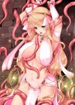  1girl blonde_hair breasts earrings elf green_eyes heart heart_tattoo jewelry kirishima_satoshi large_breasts long_hair long_pointy_ears navel original pelvic_curtain pointy_ears pubic_tattoo restrained revealing_clothes solo stomach_tattoo tattoo tentacles 