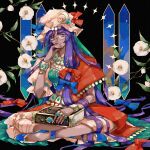  1girl alternate_costume bangs book bracelet branch butterfly_sitting flower full_body gem highres jewelry long_hair looking_at_viewer necklace patchouli_knowledge purple_eyes purple_hair sitting smile solo sosei touhou very_long_hair white_flower 