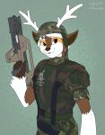  2020 anthro antlers armor camo camo_clothing camo_print canid canine clothing fox gun hair headgear helmet hi_res hirurux horn looking_at_viewer male mammal pattern_clothing ranged_weapon solo weapon white_hair 