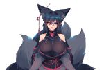  1girl :3 :d animal_ears bangs bare_shoulders black_hair black_sash blue_eyes breasts clothing_cutout commentary crossed_bangs ear_piercing english_commentary eyebrows_visible_through_hair fangs flower_knot fox_ears fox_tail hair_between_eyes hair_ornament hair_stick hairclip highres huge_breasts kiri_(sub-res) long_hair long_sleeves looking_at_viewer multiple_tails obi one_eye_closed open_mouth original piercing sash shoulder_cutout simple_background smile solo sub-res tail tassel tomoe_(symbol) white_background 