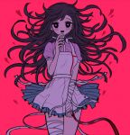  1girl 8takenokonosato8 apron bandaged_arm bandaged_leg bandages bangs black_eyes blood blood_on_fingers blush breasts collared_shirt danganronpa_(series) danganronpa_2:_goodbye_despair floating_hair heart heart-shaped_pupils highres long_hair medium_breasts mole open_mouth pink_background pink_blood pink_shirt pleated_skirt puffy_short_sleeves puffy_sleeves ribbon shirt short_sleeves skirt skirt_lift smile symbol-shaped_pupils tsumiki_mikan white_apron 