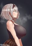  1girl aestheticc-meme artist_name bare_shoulders black_background black_shirt blush braiding_hair breasts choker collarbone crop_top english_commentary english_text eyebrows_visible_through_hair from_side gulping hairdressing heart heart-shaped_pupils highres hololive huge_breasts shirogane_noel shirt short_hair silver_hair skirt sleeveless solo steam steaming_body symbol-shaped_pupils tiara 