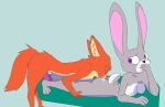  anal anthro bodily_fluids breasts canid canine covering covering_mouth cum disney duo eyes_closed female foot_fetish foot_play footjob fox fur genital_fluids grey_body grey_fur judy_hopps lagomorph leporid looking_back lying male male/female mammal nick_wilde on_front oral orange_body orange_fur rabbit raised_tail rimming saliva sex small_breasts snakeoil444 zootopia 