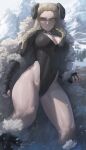  1girl absurdres black_gloves black_horns black_leotard blonde_hair blurry blurry_background boots borrowed_character braid breasts cape cleavage_cutout clothing_cutout curled_horns feet_out_of_frame fingerless_gloves free_style_(yohan1754) fur_boots fur_cape gloves highleg highleg_leotard highres horns large_breasts leotard long_sleeves looking_to_the_side mountain original outdoors snow solo tree twin_braids ur-bracka_(gogalking) v-shaped_eyebrows yellow_eyes 