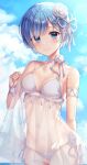  1girl bare_arms bare_shoulders bikini blue_eyes blue_hair blue_theme breasts choker closed_mouth collarbone cowboy_shot day flower hair_flower hair_ornament halterneck highres medium_breasts navel opal_00_58 outdoors re:zero_kara_hajimeru_isekai_seikatsu rem_(re:zero) see-through sheer_clothes short_hair side-tie_bikini smile solo spaghetti_strap standing stomach string_bikini sunlight swimsuit white_bikini white_choker wristband 