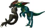  3d_(artwork) alpha_channel anthro bzez claws digital_media_(artwork) dinosaur dromaeosaurid duo female feral hi_res horn humanoid kobold kobold_dellarte low_poly lowpoly male raptor_claws reptile scalie scruff_biting sek simple_background teeth theropod transparent_background 