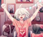  1boy ahoge animal_print arms_up bangs black_shirt bra cheer_(cheerkitty14) clock closed_eyes clothes_writing collarbone couch danganronpa_(series) danganronpa_v3:_killing_harmony dog_print grey_hair heart heart_pillow indoors keebo open_mouth pale_skin panties photo_(object) pillow pink_shirt red_bra red_panties shirt short_hair sitting solo translation_request underwear upper_body upper_teeth window 