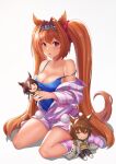  1girl agnes_tachyon_(umamusume) bangs bare_shoulders blush breasts brown_hair camisole character_doll cleavage collarbone commentary daiwa_scarlet_(umamusume) doll eyebrows_visible_through_hair full_body hair_between_eyes hair_intakes highres holding holding_doll kneehighs large_breasts long_hair long_sleeves looking_at_viewer no_shoes off_shoulder partially_unzipped red_eyes short_shorts shorts sitting solo striped striped_jacket striped_legwear striped_shorts tiara umamusume very_long_hair vococo vodka_(umamusume) wariza white_background 
