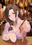  1girl absurdres blurry blurry_background booth braid breasts brown_eyes brown_hair chopsticks closed_mouth dress_shirt feeding food gotou_airi hige_wo_soru._soshite_joshikousei_wo_hirou. highres incoming_food jewelry large_breasts looking_at_viewer meat nail_polish necklace photo_background purple_shirt restaurant serelith shirt single_braid sitting sleeves_folded_up smile solo upper_body yakiniku 