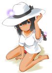  1girl absurdres barefoot black_eyes black_hair braid commentary_request dark_skin dark_skinned_female hair_between_eyes hat highres isonami_(kancolle) kantai_collection long_hair looking_at_viewer one-hour_drawing_challenge shirt sidelocks simple_background sitting solo sun_hat taisinkoku tan tanline twin_braids wariza white_background white_headwear white_shirt 