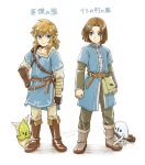  2boys blonde_hair blue_eyes commentary_request dragon_quest dragon_quest_xi gloves hair_ornament hero_(dq11) link long_hair looking_at_viewer male_focus multiple_boys pointy_ears ponytail sayoyonsayoyo simple_background smile super_smash_bros. the_legend_of_zelda the_legend_of_zelda:_breath_of_the_wild translation_request 