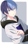  1boy absurdres aoyagi_touya blue_hair border grey_background grey_eyes grey_hoodie highres hood hood_down hoodie long_sleeves looking_at_viewer male_focus mole mole_under_eye multicolored_hair project_sekai purple_hair sekina short_hair short_over_long_sleeves short_sleeves simple_background smile solo two-tone_hair white_border 