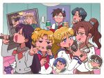  +_+ aino_minako artemis_(sailor_moon) bangs bishoujo_senshi_sailor_moon black_sailor_collar blonde_hair blue_eyes blue_sailor_collar blue_skirt blush border bow brown_eyes brown_hair brown_sailor_collar brown_skirt cat character_request cheek_poking closed_eyes commentary_request double_bun eye_contact eyebrows_visible_through_hair furuhata_motoki grey_shirt hair_bobbles hair_bow hair_ornament hands_up happy hino_rei holding holding_hands holding_microphone interlocked_fingers jitome juuban_middle_school_uniform karaoke kino_makoto kino_makoto&#039;s_school_uniform long_hair long_sleeves looking_at_another luna_(sailor_moon) microphone mizuno_ami multiple_girls music neckerchief pleated_skirt poking ponytail red_bow red_neckerchief romaji_text sailor_collar school_uniform serafuku shirt short_hair singing skirt sweatdrop ta_girls_school_uniform translation_request tsubobot tsukino_usagi twintails white_border white_cat white_shirt 