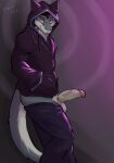  absurd_res anthro balls black_clothing black_hoodie black_topwear clothed clothing dragon fur genitals grey_body grey_fur hi_res hoodie humanoid_genitalia hypnosis kento267 looking_at_viewer male mind_control scalie simple_background smile smiley_face solo spiral spiral_eyes topwear 