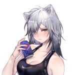  1girl alternate_hairstyle animal_ear_fluff animal_ears arknights bangs bare_arms bare_shoulders blush breasts can cat_ears cleavage eyebrows_visible_through_hair hair_down hand_up highres holding holding_can kiji_(yuanruiy) long_hair looking_at_viewer nike pepsi revision schwarz_(arknights) silver_hair simple_background soda_can solo upper_body white_background yellow_eyes 
