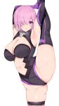  1girl armpits arms_up black_dress black_legwear blue_gk breasts cleavage cleavage_cutout clothing_cutout cowboy_shot dress elbow_gloves fate/grand_order fate_(series) gloves hair_over_one_eye highres large_breasts leg_up leotard light_purple_hair mash_kyrielight navel pink_hair purple_eyes purple_gloves purple_hair short_hair split standing standing_on_one_leg standing_split stomach thighhighs thighs white_background 
