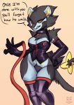  2021 anthro clothing collar dialogue domination dominatrix english_text female female_domination gloves handwear hi_res latex_clothing latex_gloves latex_stockings licking licking_lips licking_own_lips luxray nintendo phallusbro pok&eacute;mon pok&eacute;mon_(species) pubes red_eyes rubber rubber_suit self_lick signature simple_background solo speech_bubble text tongue tongue_out video_games whip 