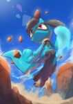  absurdres closed_mouth cloud commentary day energy from_below gen_4_pokemon highres looking_up nullma outdoors pokemon pokemon_(creature) red_eyes riolu rock sand sky solo 