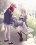  2girls an-94_(girls_frontline) aqua_skirt bag_removed bangs bench black_footwear black_legwear blonde_hair blue_eyes cat closed_mouth coffee_cup cup disposable_cup eyebrows_visible_through_hair girls_frontline holding holding_cup holding_phone jacket long_hair looking_at_another multiple_girls phone pink_hair purple_skirt red_scarf scarf shoes simple_background sitting sitting_on_bench skirt socks st_ar-15_(girls_frontline) standing urano_ura white_legwear white_scarf 